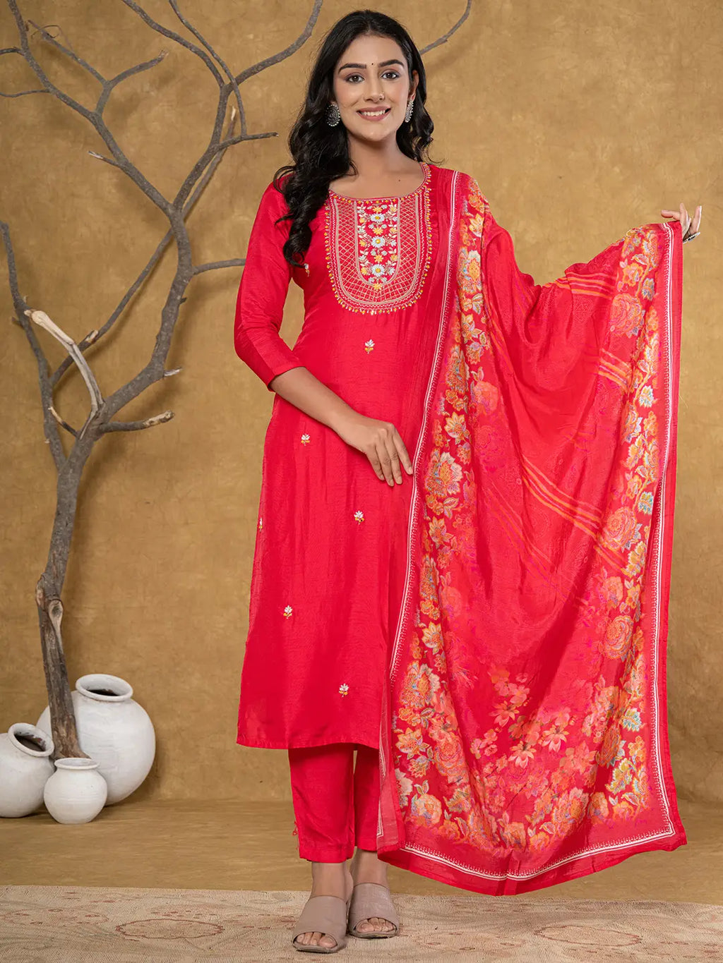 Yufta Pink Silk Beads And Stones,Sequins_Work Kurta Dupatta Set | Grocsy