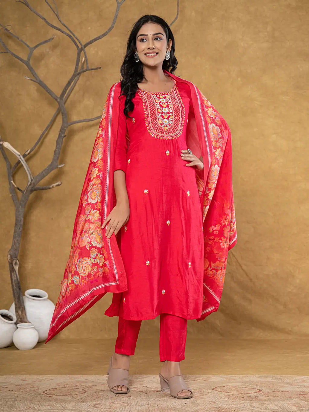 Yufta Pink Silk Beads And Stones,Sequins_Work Kurta Dupatta Set | Grocsy