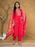 Yufta Pink Silk Beads And Stones,Sequins_Work Kurta Dupatta Set | Grocsy