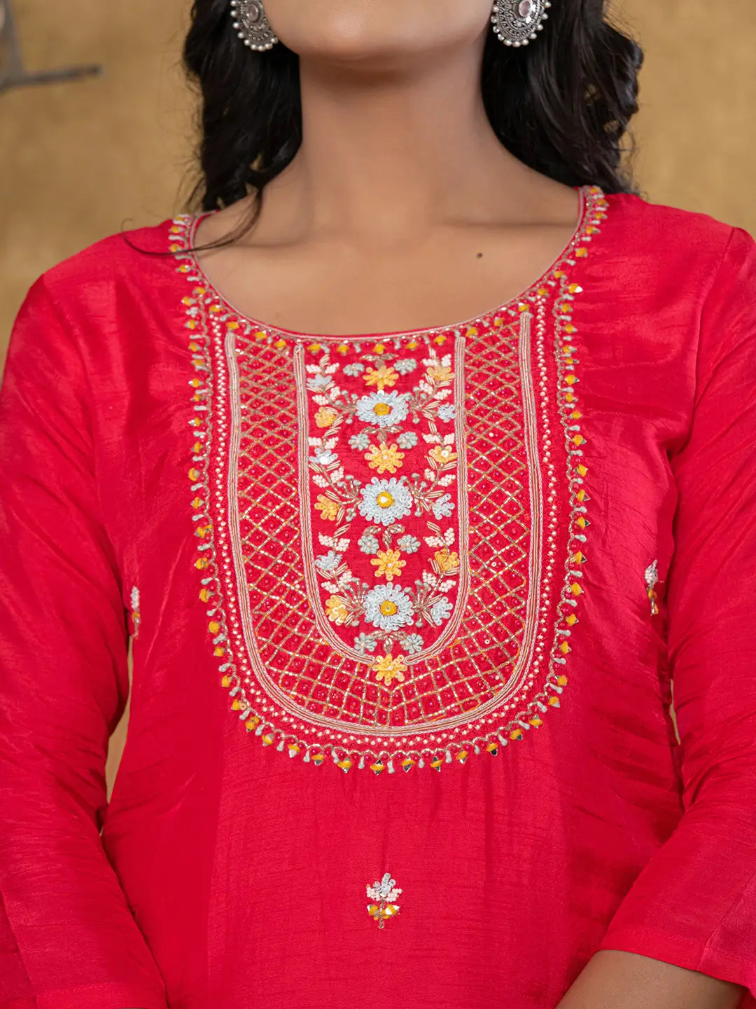 Yufta Pink Silk Beads And Stones,Sequins_Work Kurta Dupatta Set | Grocsy