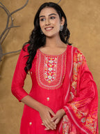 Yufta Pink Silk Beads And Stones,Sequins_Work Kurta Dupatta Set | Grocsy
