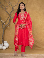 Yufta Pink Silk Beads And Stones,Sequins_Work Kurta Dupatta Set | Grocsy