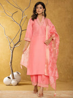 Yufta Pink Silk Blend Pakistani Style Kurta Dupatta Set | Grocsy
