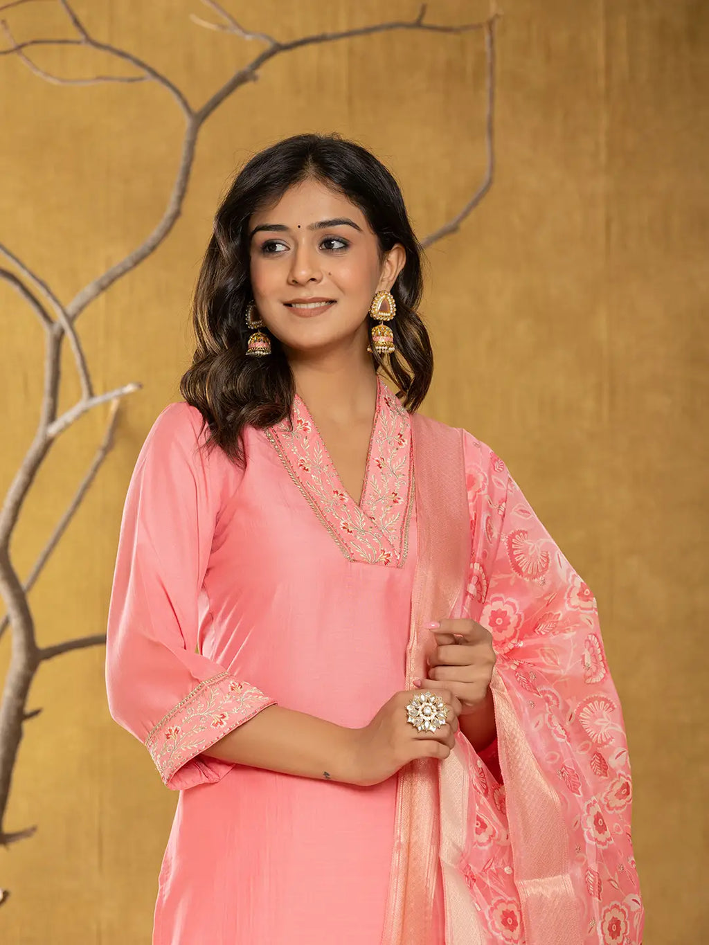 Yufta Pink Silk Blend Pakistani Style Kurta Dupatta Set | Grocsy