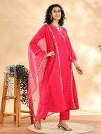 Yufta Pink Silk Embroidered Angrakha Kurta Pant Set With Organza Dupatta Set | Grocsy