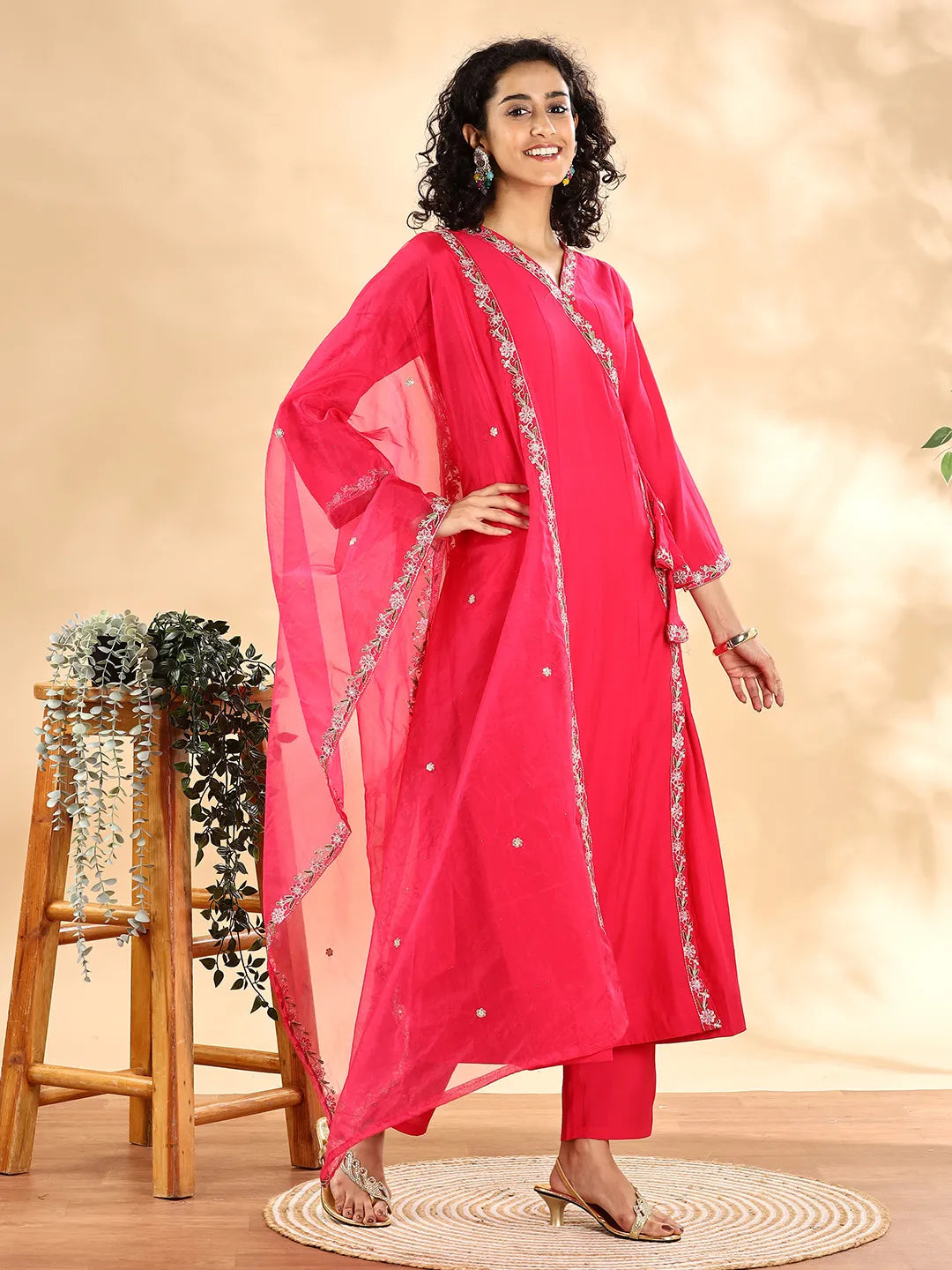 Yufta Pink Silk Embroidered Angrakha Kurta Pant Set With Organza Dupatta Set | Grocsy