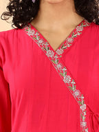 Yufta Pink Silk Embroidered Angrakha Kurta Pant Set With Organza Dupatta Set | Grocsy