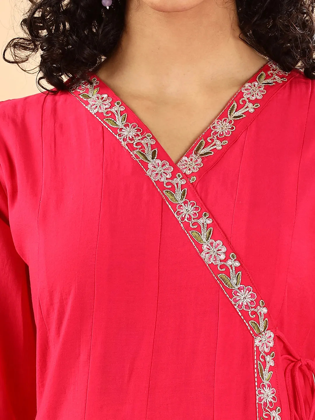 Yufta Pink Silk Embroidered Angrakha Kurta Pant Set With Organza Dupatta Set | Grocsy