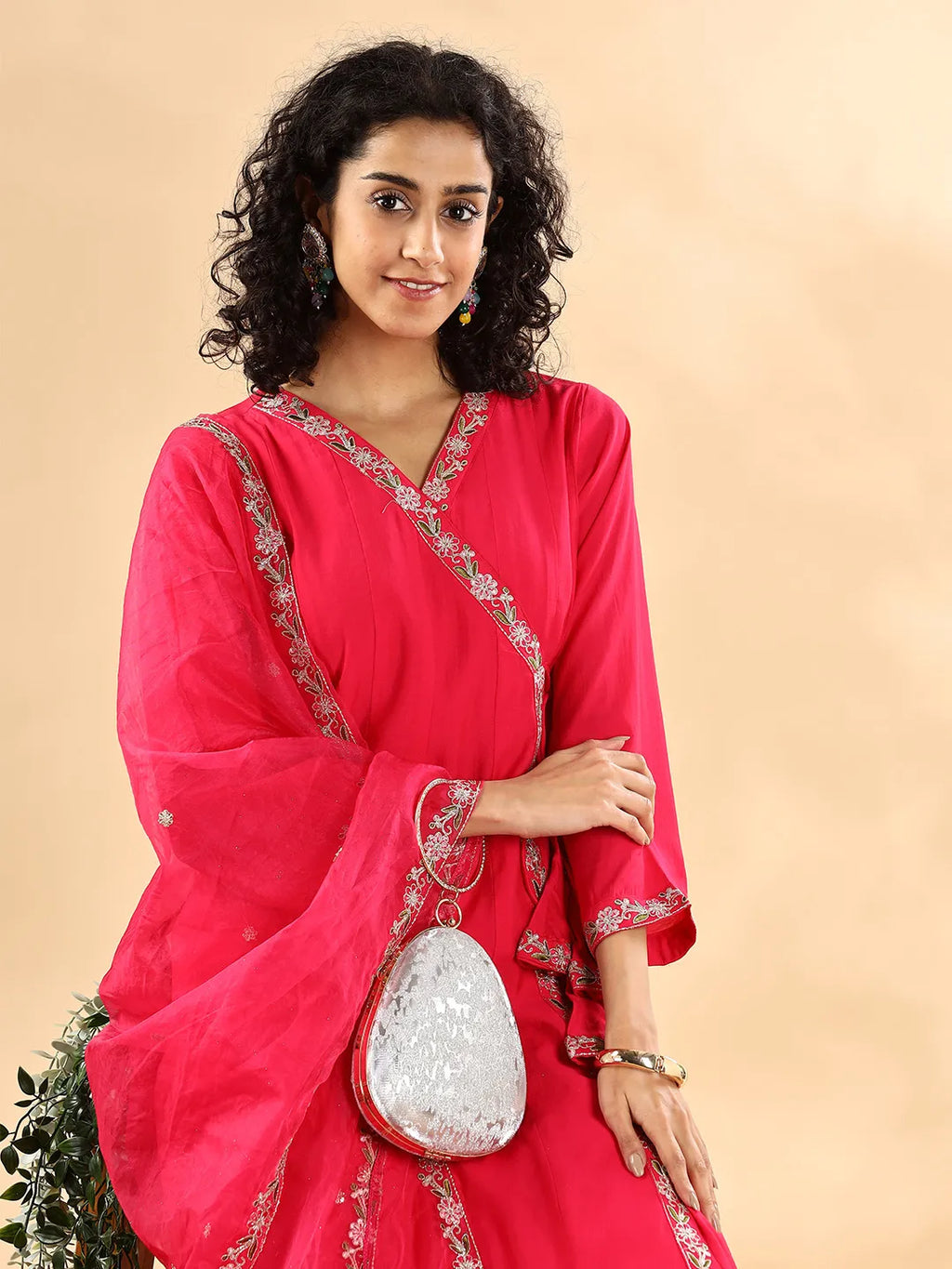 Yufta Pink Silk Embroidered Angrakha Kurta Pant Set With Organza Dupatta Set | Grocsy