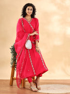 Yufta Pink Silk Embroidered Angrakha Kurta Pant Set With Organza Dupatta Set | Grocsy