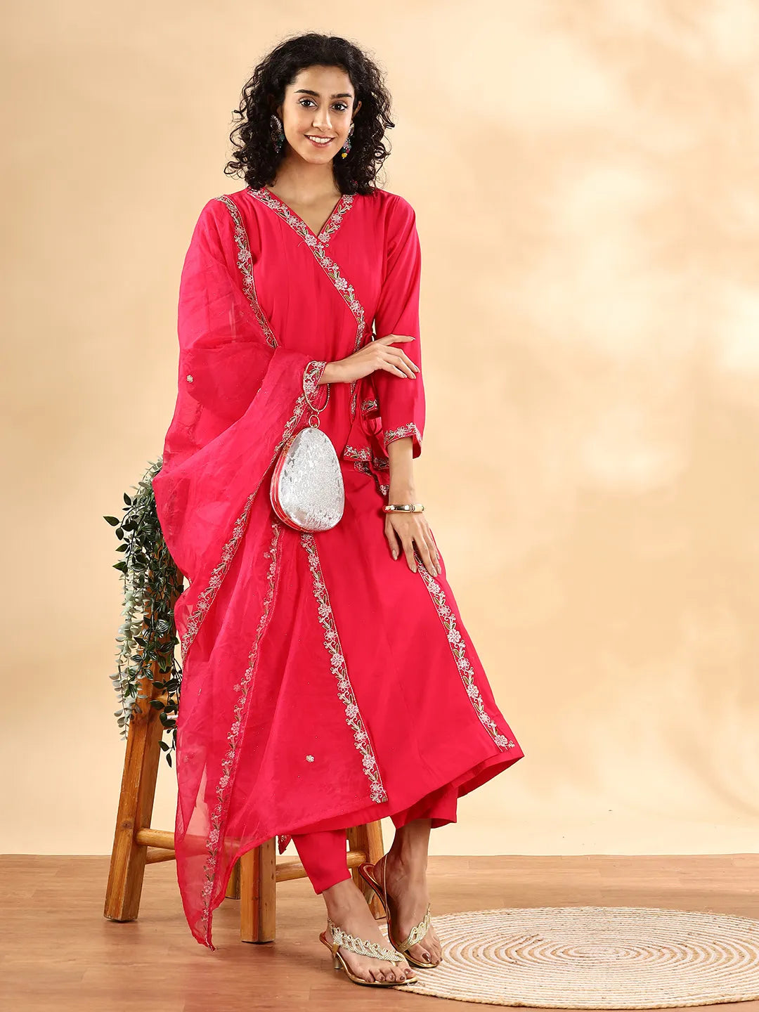 Yufta Pink Silk Embroidered Angrakha Kurta Pant Set With Organza Dupatta Set | Grocsy