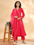 Yufta Pink Silk Embroidered Angrakha Kurta Pant Set With Organza Dupatta Set | Grocsy
