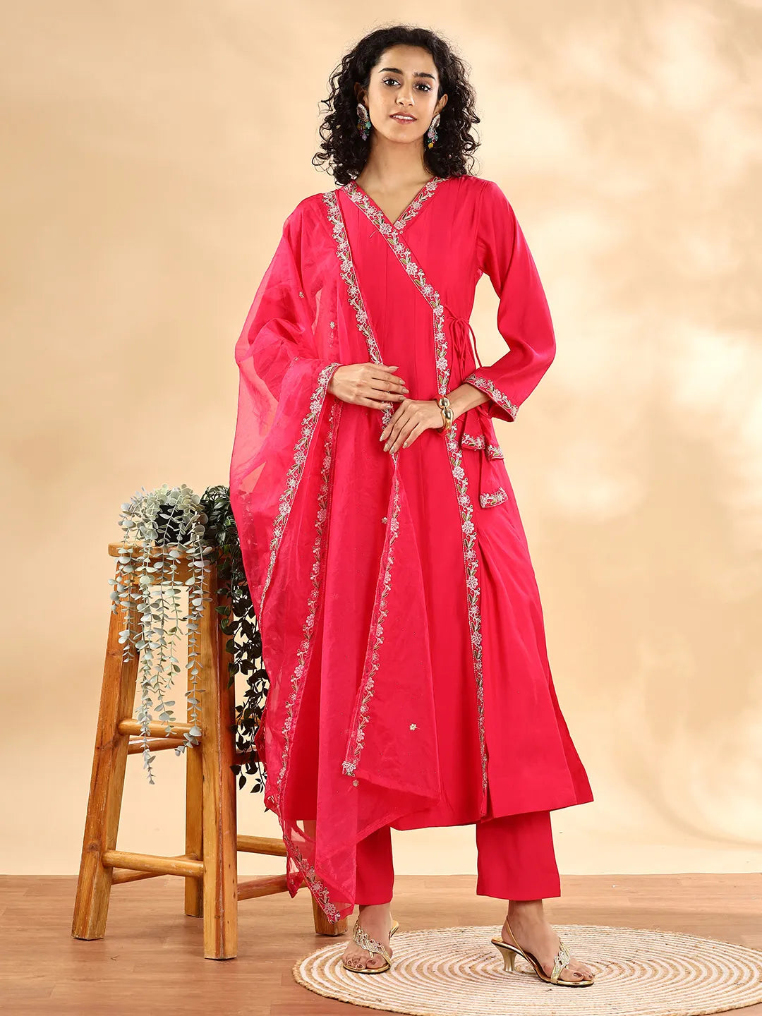 Yufta Pink Silk Embroidered Angrakha Kurta Pant Set With Organza Dupatta Set | Grocsy