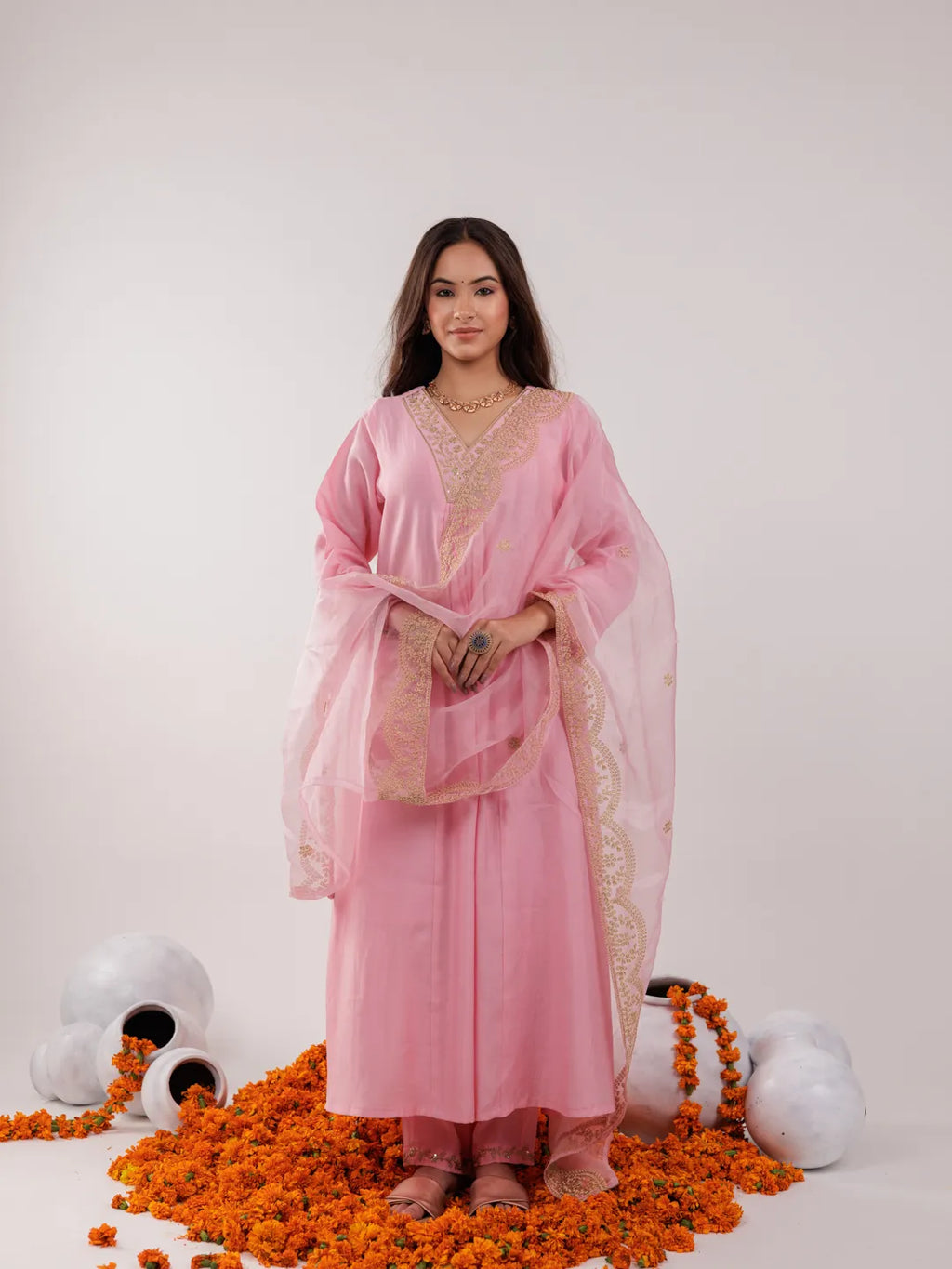 Yufta Pink Silk Embroidered Kurta Dupatta Set | Grocsy