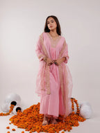 Yufta Pink Silk Embroidered Kurta Dupatta Set | Grocsy