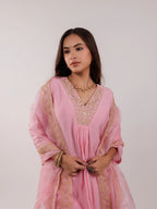 Yufta Pink Silk Embroidered Kurta Dupatta Set | Grocsy