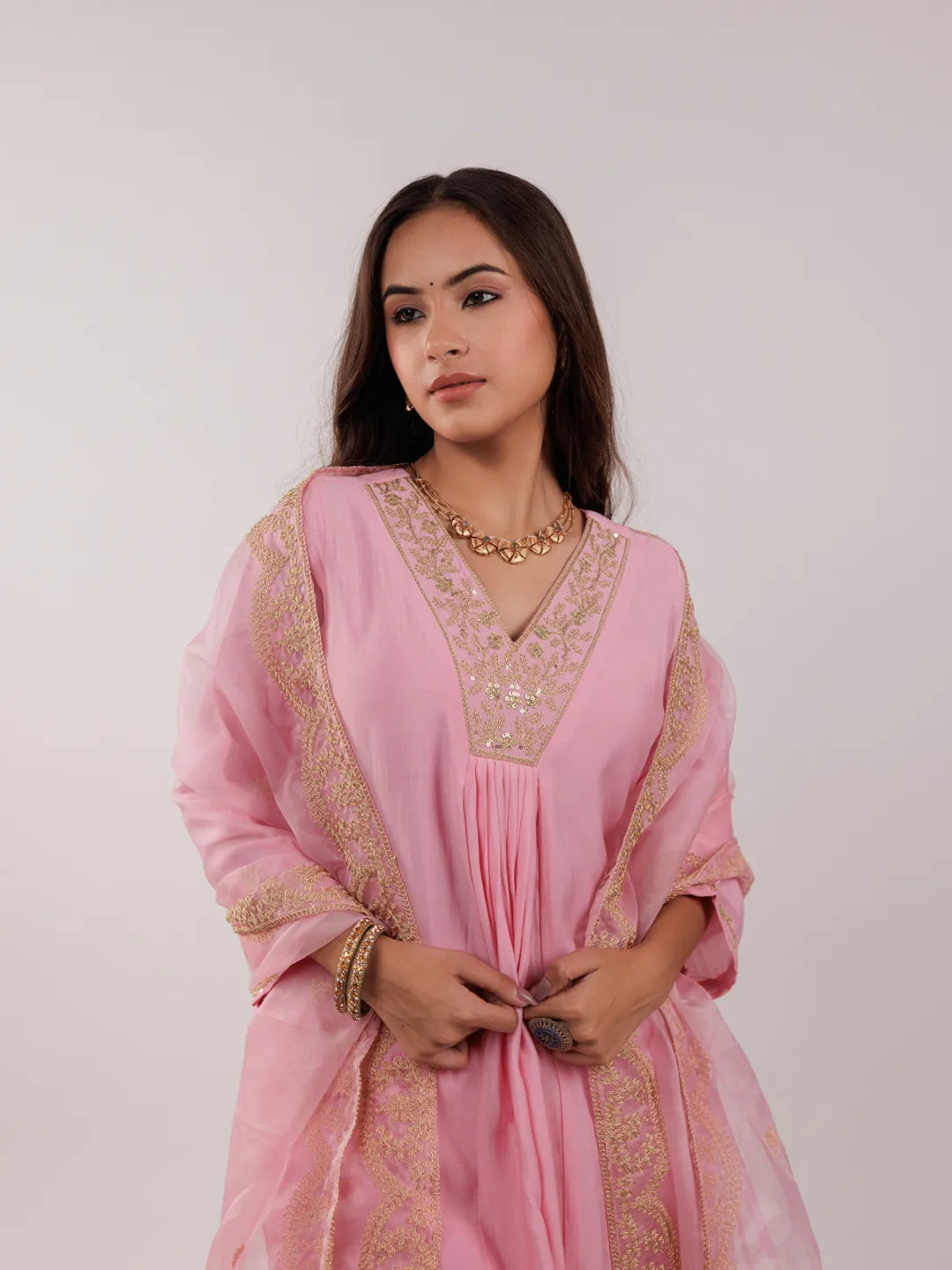 Yufta Pink Silk Embroidered Kurta Dupatta Set | Grocsy