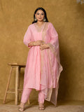 Yufta Pink Silk Embroidered Plus Size Kurta Dupatta Set | Grocsy