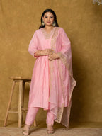 Yufta Pink Silk Embroidered Plus Size Kurta Dupatta Set | Grocsy