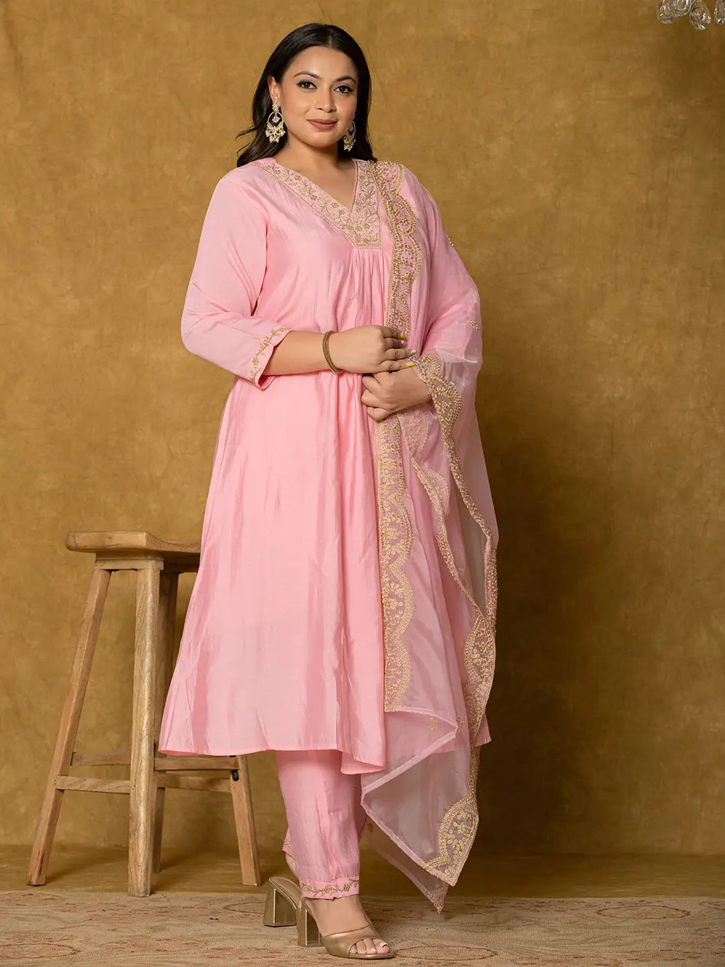 Yufta Pink Silk Embroidered Plus Size Kurta Dupatta Set | Grocsy