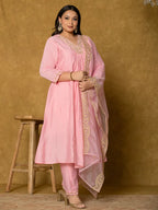 Yufta Pink Silk Embroidered Plus Size Kurta Dupatta Set | Grocsy