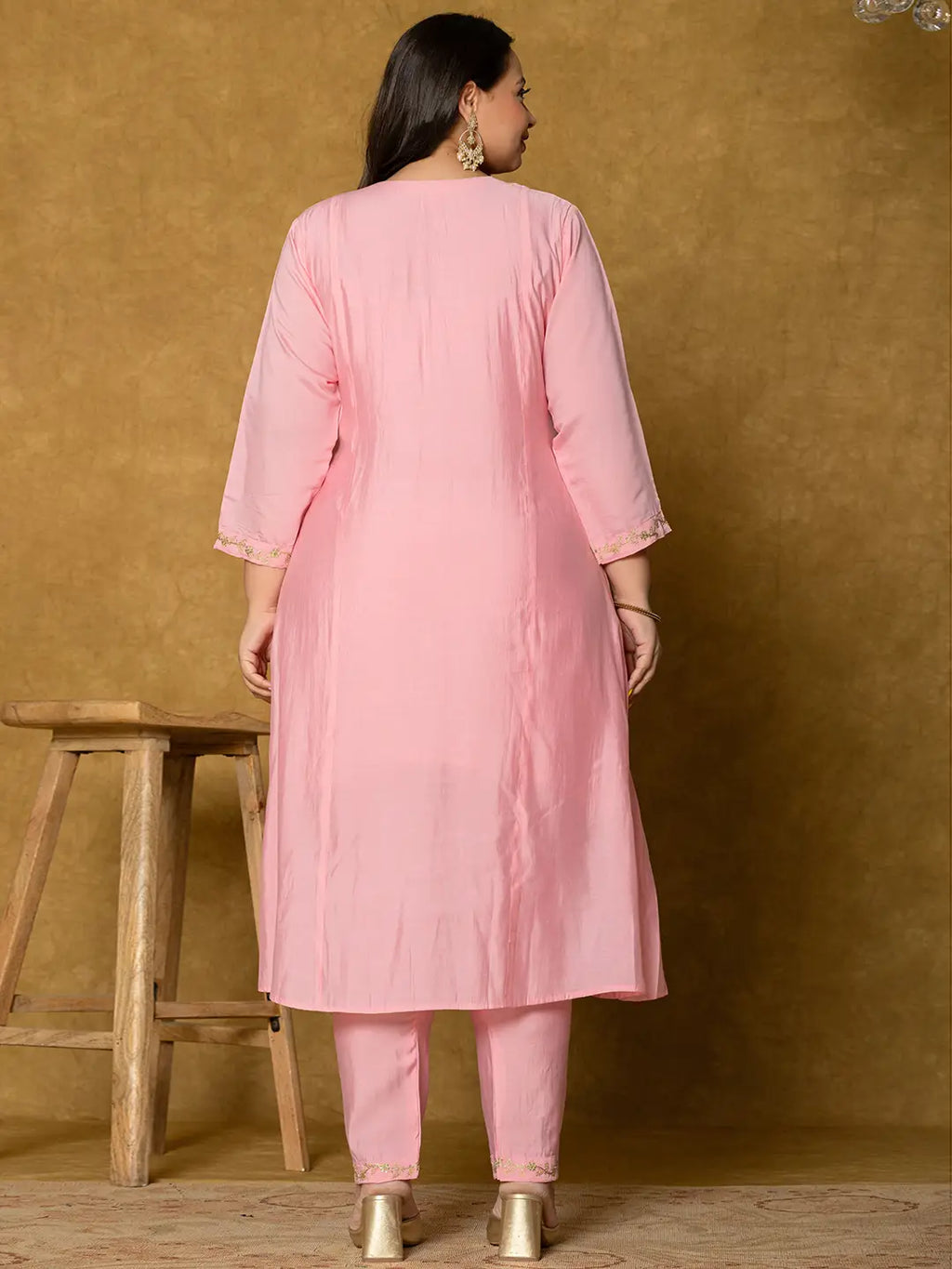 Yufta Pink Silk Embroidered Plus Size Kurta Dupatta Set | Grocsy