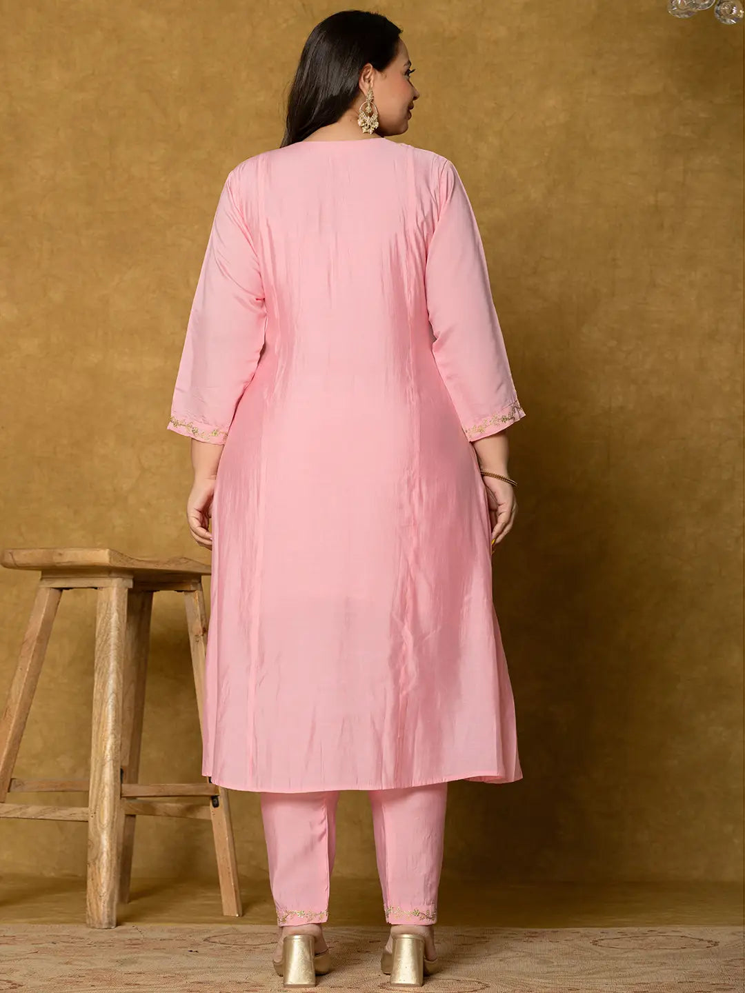 Yufta Pink Silk Embroidered Plus Size Kurta Dupatta Set | Grocsy