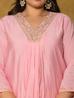 Yufta Pink Silk Embroidered Plus Size Kurta Dupatta Set | Grocsy