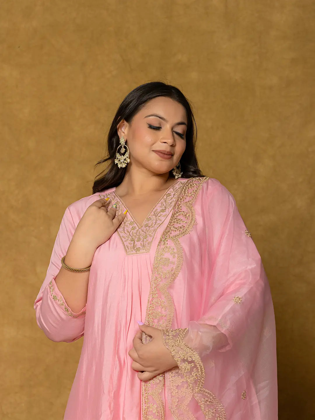 Yufta Pink Silk Embroidered Plus Size Kurta Dupatta Set | Grocsy