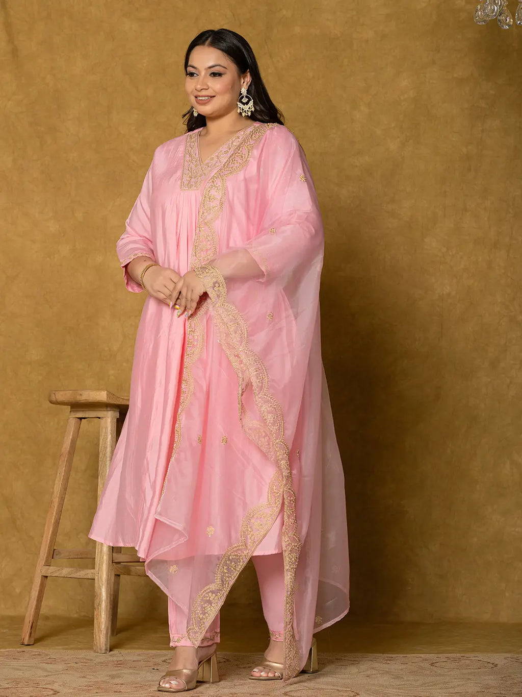 Yufta Pink Silk Embroidered Plus Size Kurta Dupatta Set | Grocsy