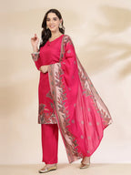 Yufta Pink Silk Straight Kurta With Palazzo Dupatta Set | Grocsy