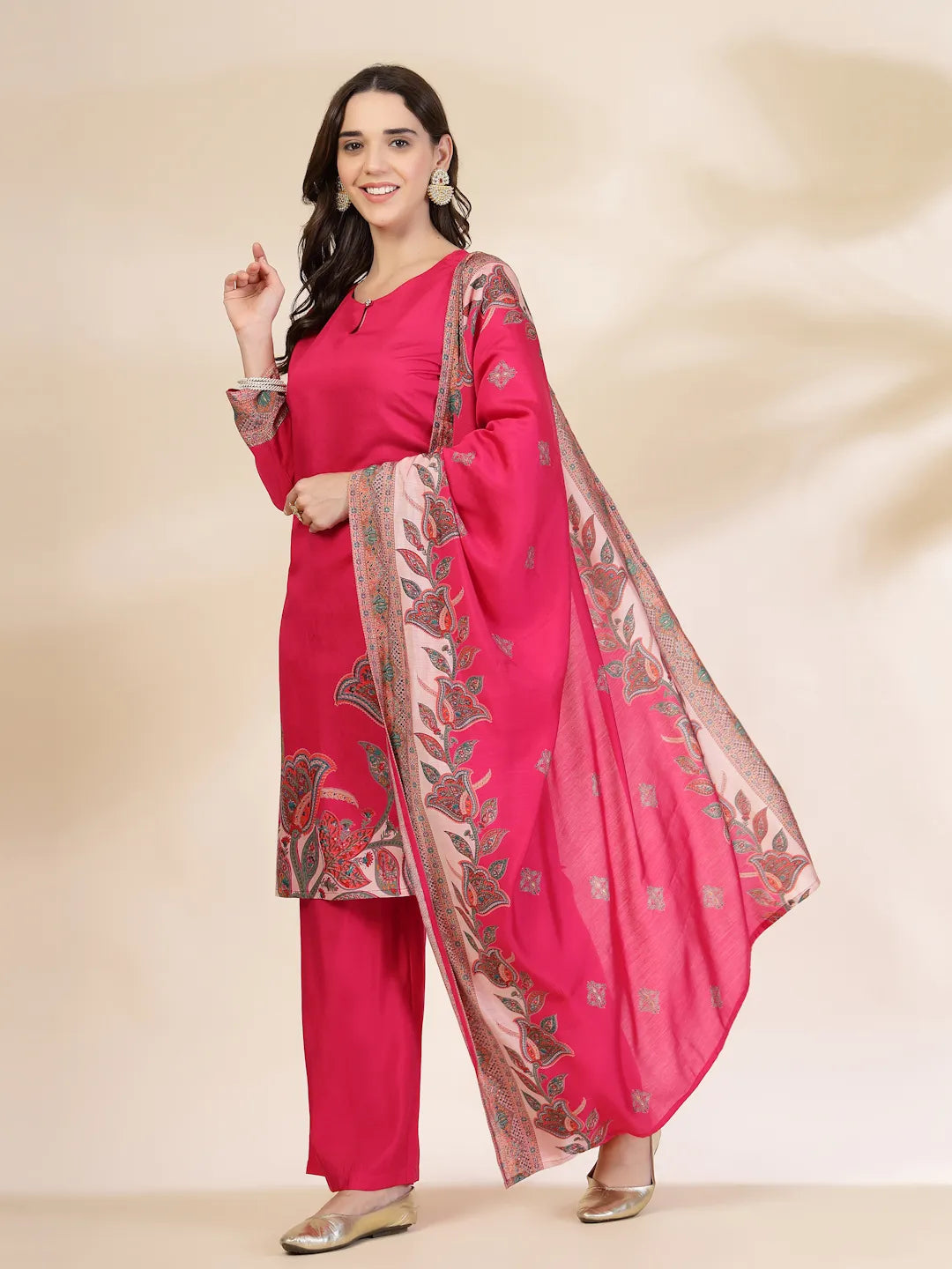 Yufta Pink Silk Straight Kurta With Palazzo Dupatta Set | Grocsy