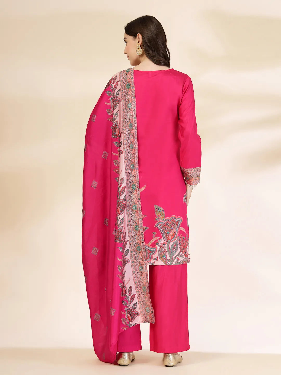 Yufta Pink Silk Straight Kurta With Palazzo Dupatta Set | Grocsy