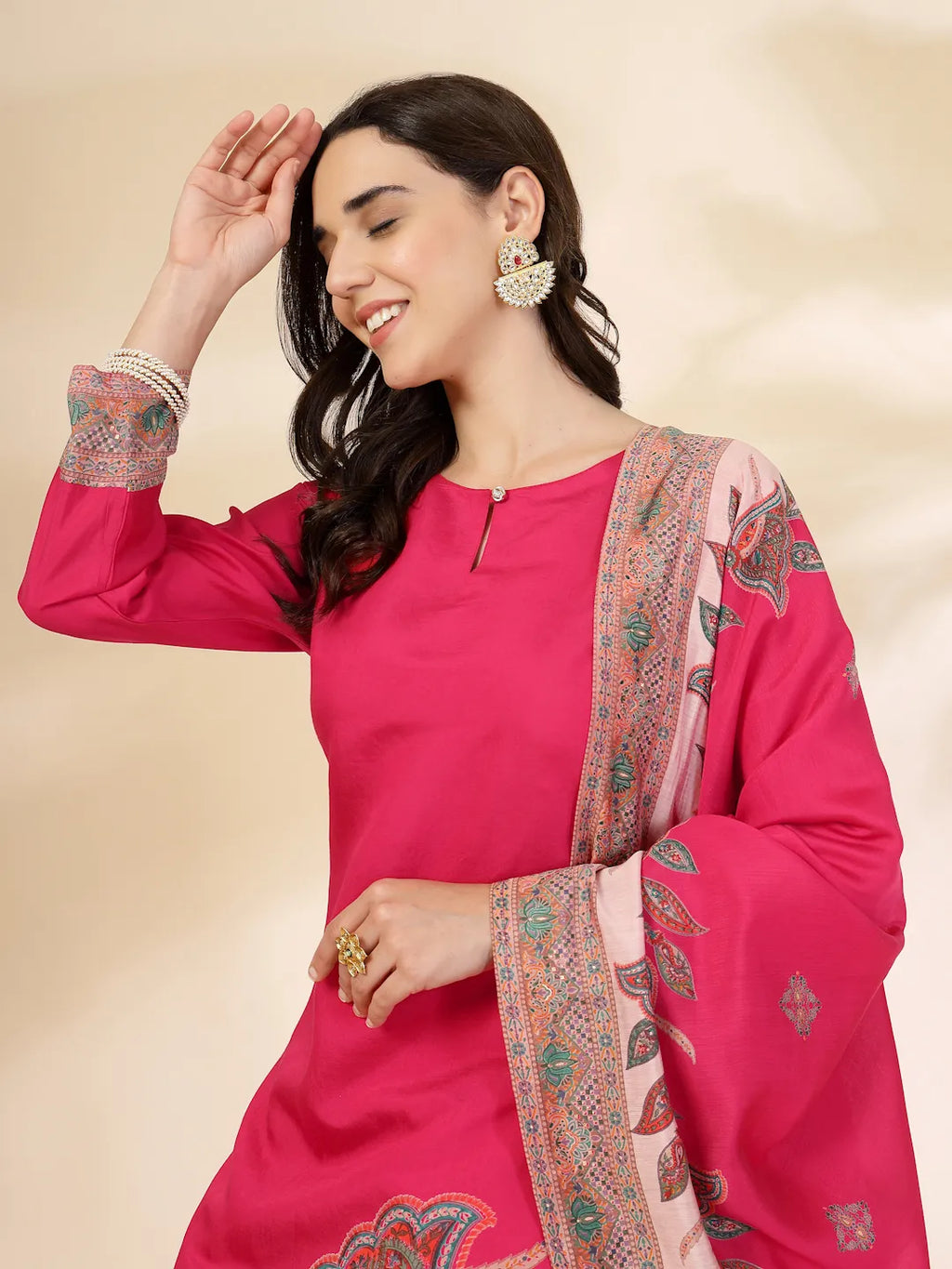 Yufta Pink Silk Straight Kurta With Palazzo Dupatta Set | Grocsy