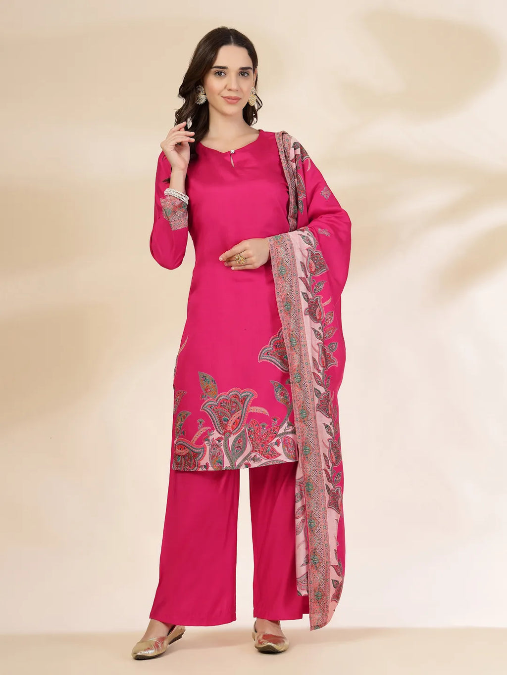 Yufta Pink Silk Straight Kurta With Palazzo Dupatta Set | Grocsy