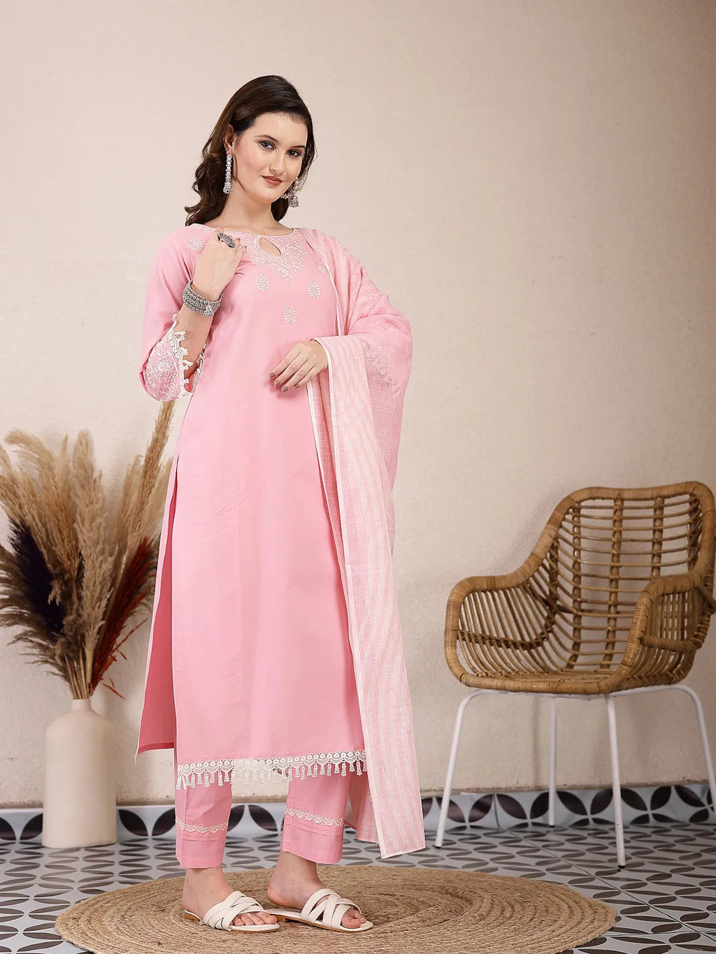 Yufta Pink Solid Thread Work Straight Kurta Trouser Dupatta Set | Grocsy