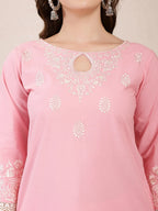 Yufta Pink Solid Thread Work Straight Kurta Trouser Dupatta Set | Grocsy