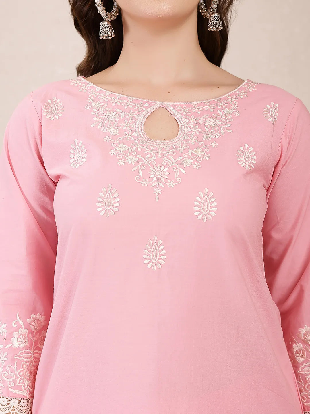 Yufta Pink Solid Thread Work Straight Kurta Trouser Dupatta Set | Grocsy