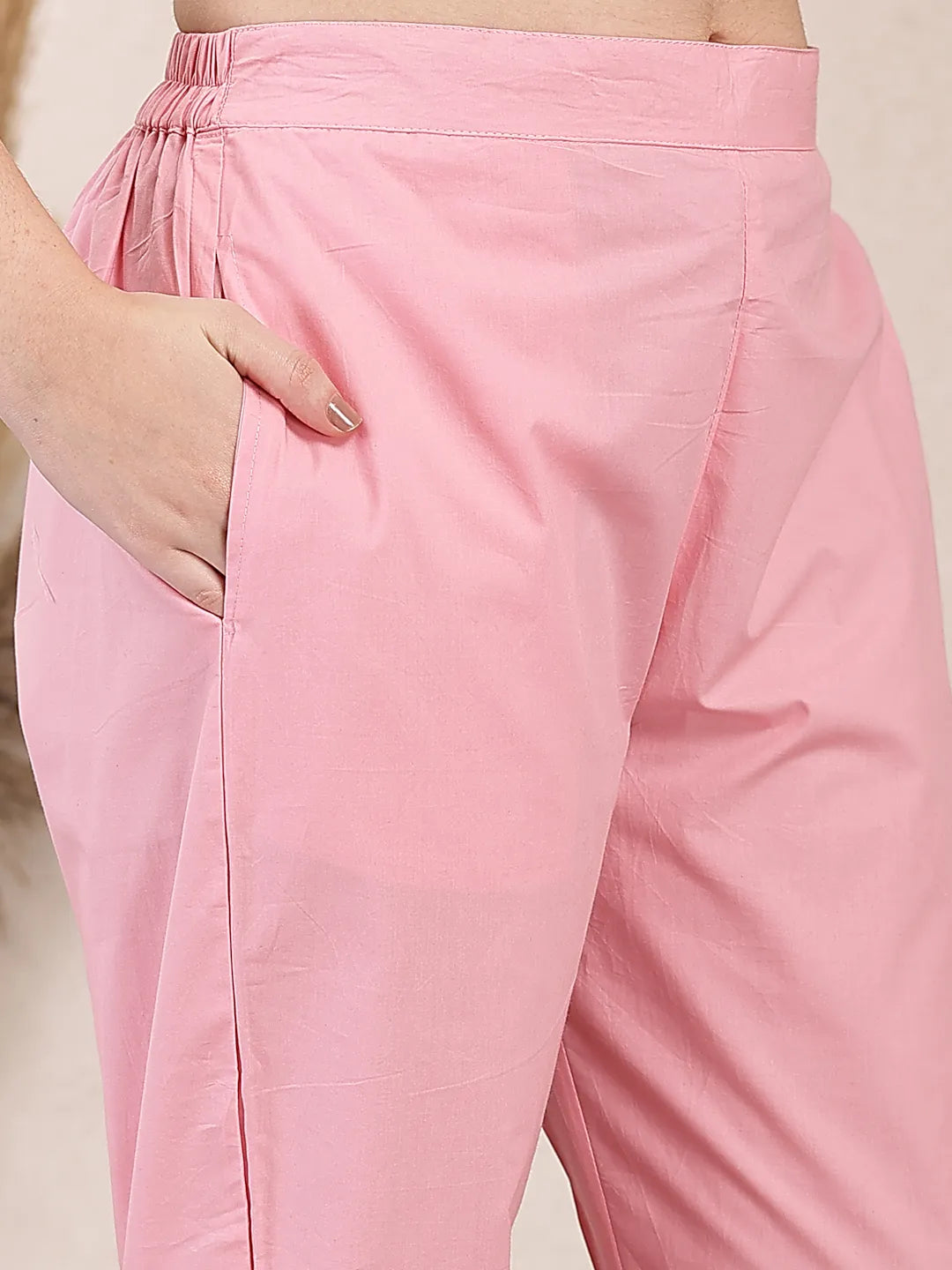 Yufta Pink Solid Thread Work Straight Kurta Trouser Dupatta Set | Grocsy