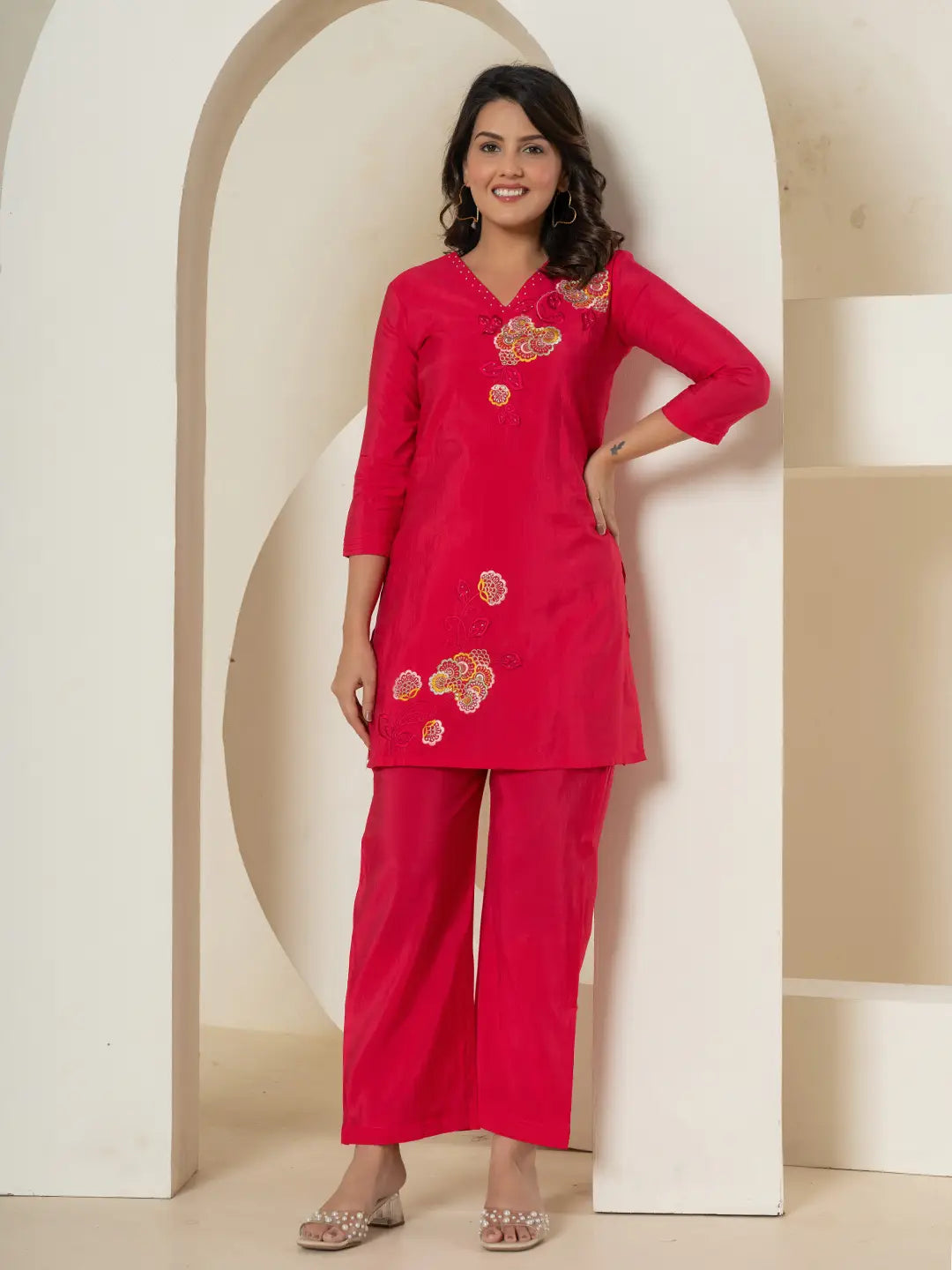 Yufta Pink Thread_Work Shirt And Palazzo Silk Blend Co-Ord Set | Grocsy