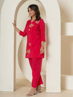 Yufta Pink Thread_Work Shirt And Palazzo Silk Blend Co-Ord Set | Grocsy