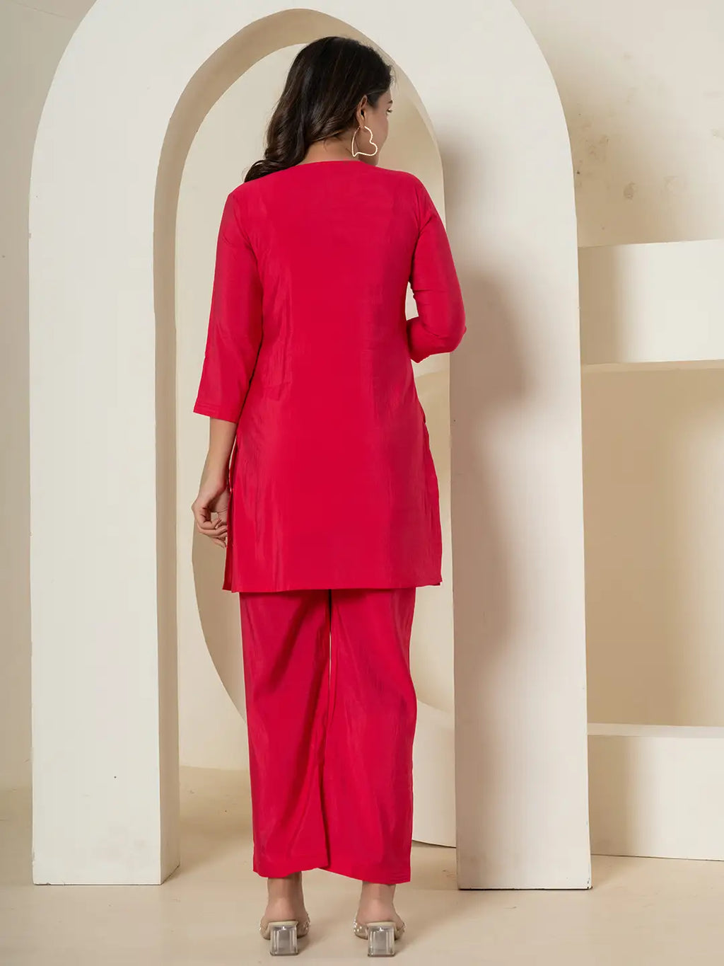 Yufta Pink Thread_Work Shirt And Palazzo Silk Blend Co-Ord Set | Grocsy