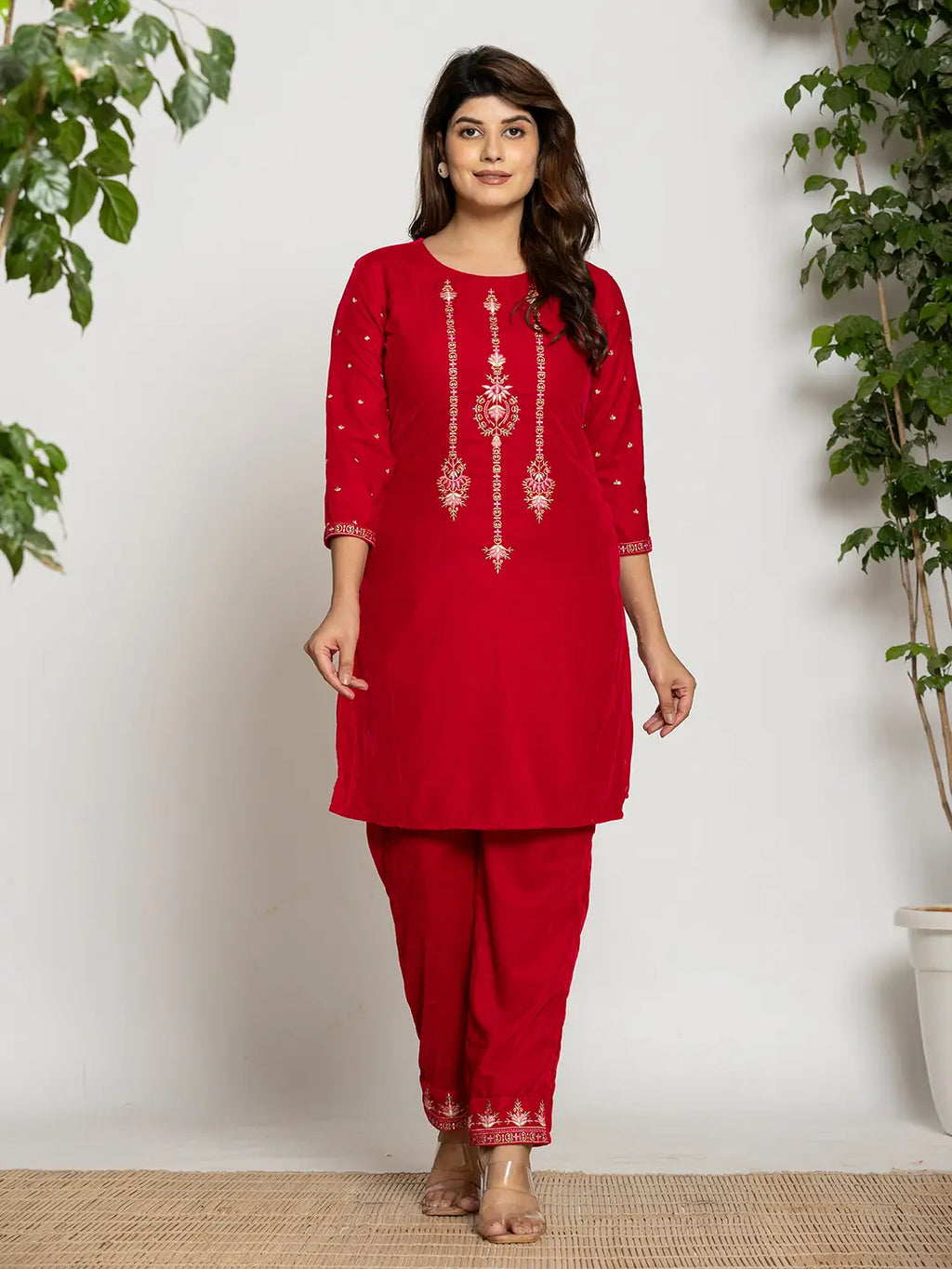 Yufta Pink Velvet Embroidered Co-Ord Set With Cotton Lining | Grocsy
