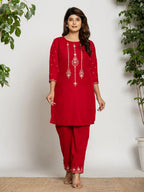 Yufta Pink Velvet Embroidered Co-Ord Set With Cotton Lining | Grocsy