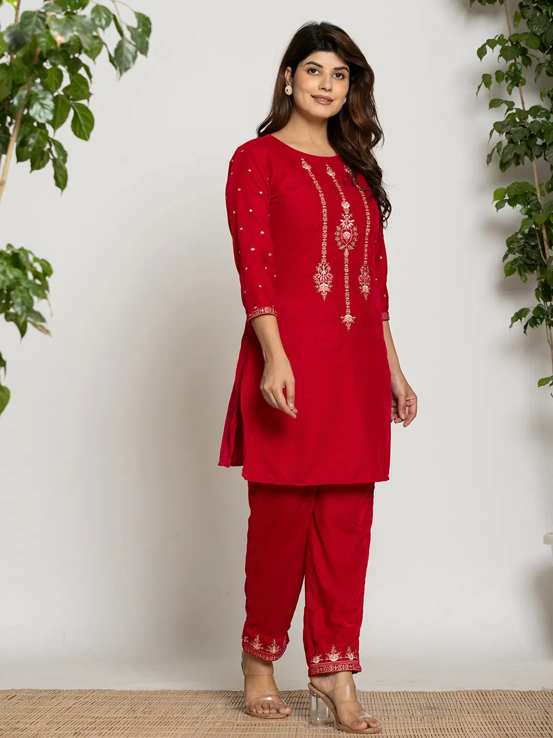 Yufta Pink Velvet Embroidered Co-Ord Set With Cotton Lining | Grocsy
