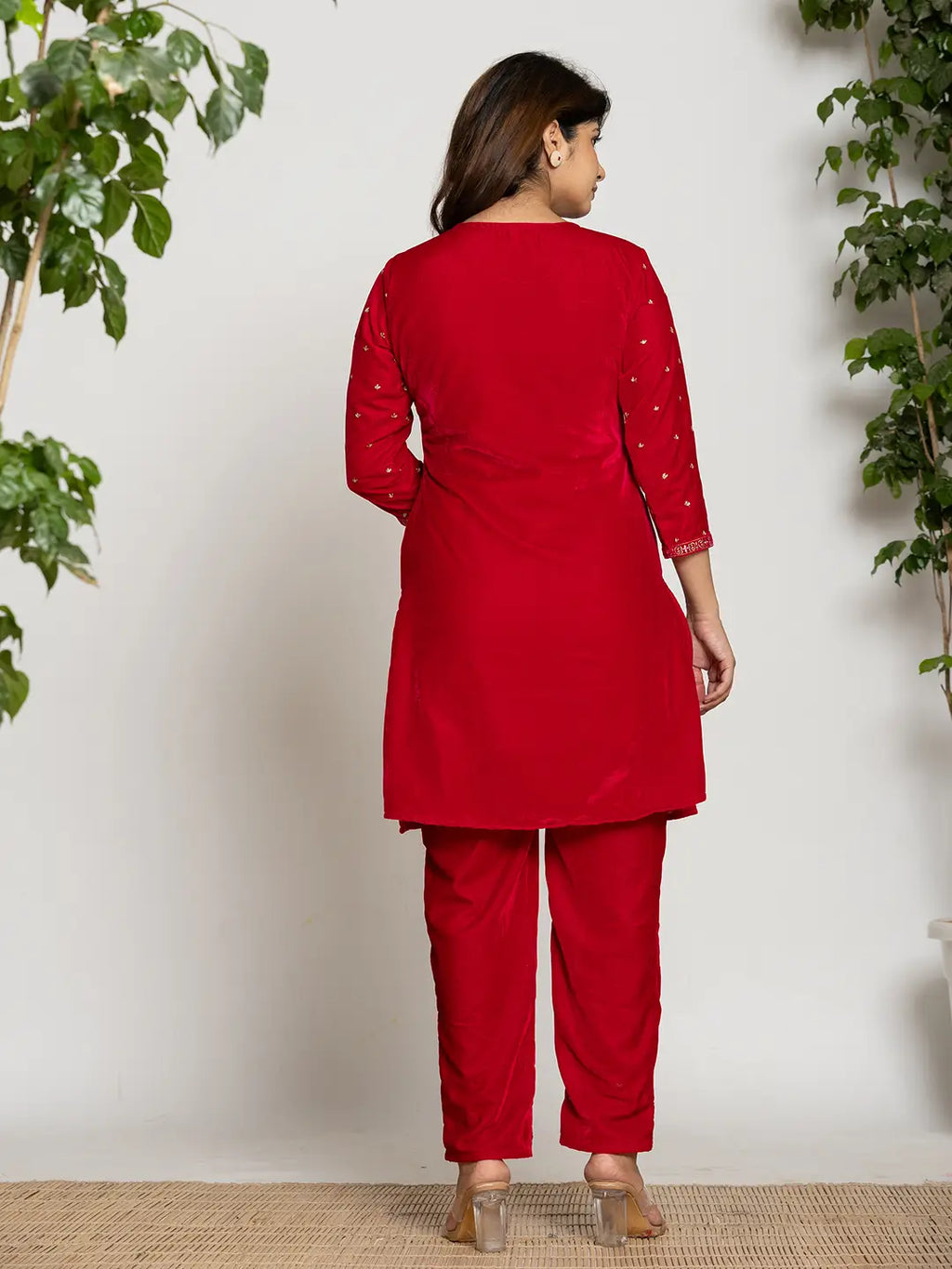 Yufta Pink Velvet Embroidered Co-Ord Set With Cotton Lining | Grocsy