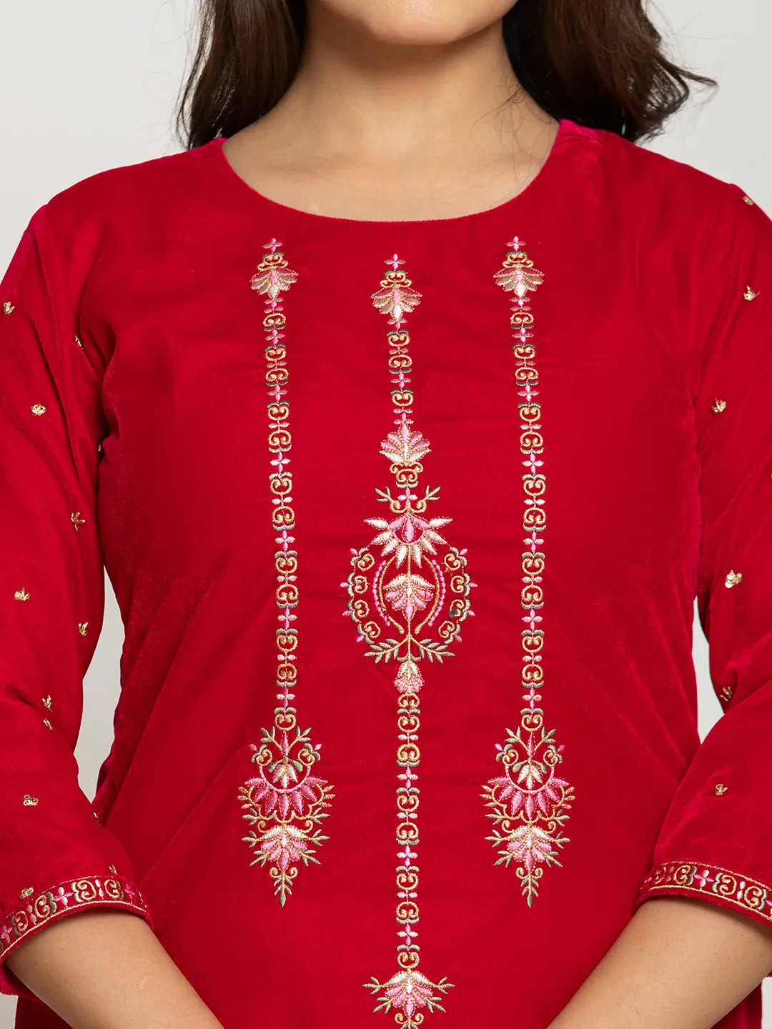 Yufta Pink Velvet Embroidered Co-Ord Set With Cotton Lining | Grocsy