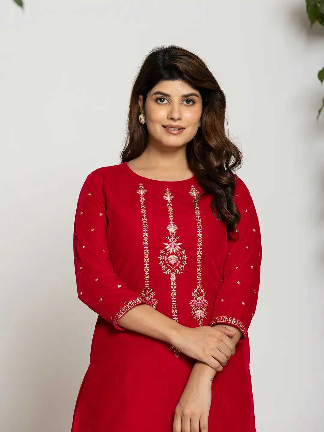 Yufta Pink Velvet Embroidered Co-Ord Set With Cotton Lining | Grocsy
