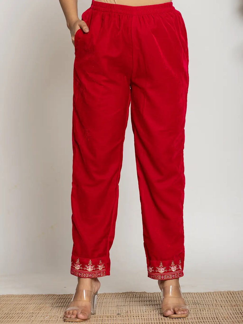 Yufta Pink Velvet Embroidered Co-Ord Set With Cotton Lining | Grocsy