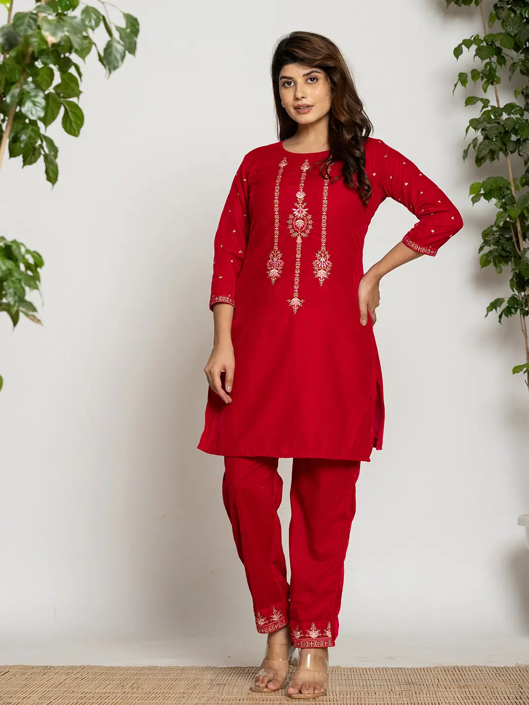 Yufta Pink Velvet Embroidered Co-Ord Set With Cotton Lining | Grocsy
